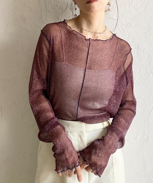 She's Closet(シーズクローゼット)の「配色バイカラー長袖シースルーラメシアートップス(Tシャツ/カットソー・レディース・アイボリー/ブラック/チャコールグレー/ブラウン・FREE)」の7枚目の写真