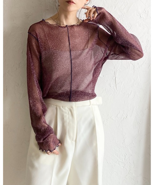 She's Closet(シーズクローゼット)の「配色バイカラー長袖シースルーラメシアートップス(Tシャツ/カットソー・レディース・アイボリー/ブラック/チャコールグレー/ブラウン・FREE)」の5枚目の写真