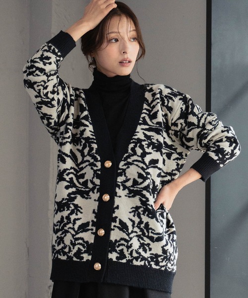セール】【2025AW】Vネック ジャガード ニット カーディガン リーフ柄