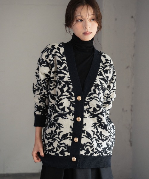 セール】【2025AW】Vネック ジャガード ニット カーディガン リーフ柄