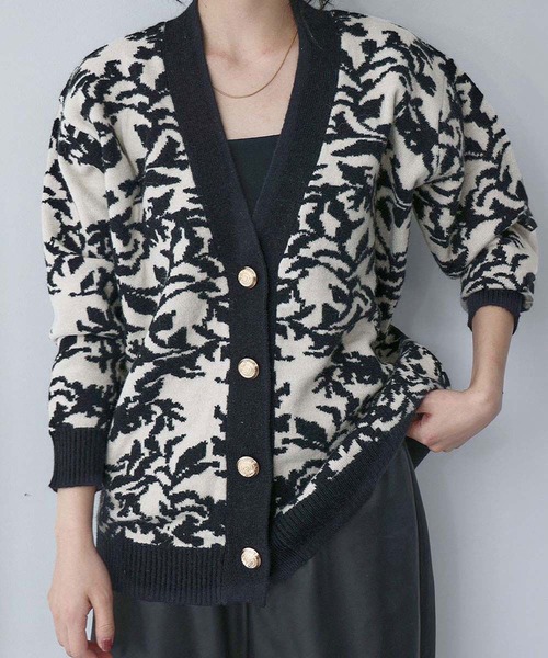 セール】【2025AW】Vネック ジャガード ニット カーディガン リーフ柄