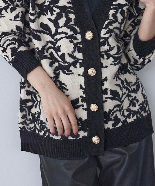 セール】【2025AW】Vネック ジャガード ニット カーディガン リーフ柄