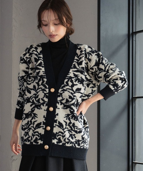 セール】【2025AW】Vネック ジャガード ニット カーディガン リーフ柄