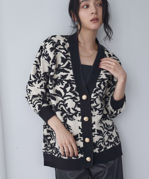 セール】【2025AW】Vネック ジャガード ニット カーディガン リーフ柄