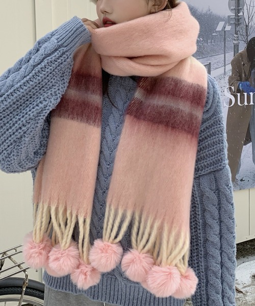 セール】ふんわりポンポン付き太めボーダー風配色マフラー（全6色