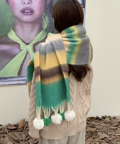 セール】ふんわりポンポン付き太めボーダー風配色マフラー（全6色