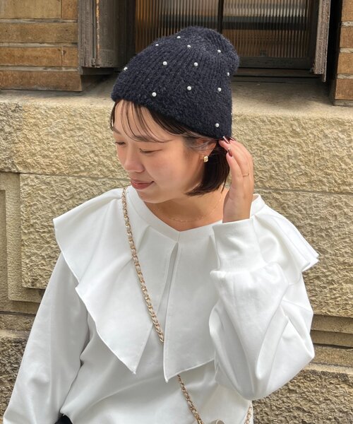 prose verse(プロズヴェール)の「【SAPON】ふわふわパールニットビーニー(キャップ・レディース・ブラック/オフホワイト・FREE)」の2枚目の写真