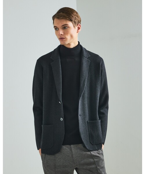 DESIGNWORKS(デザインワークス)の「【セットアップ対応】ビックヘリンボン柄 ニットジャケット(カーディガン/ボレロ・メンズ・グレー/チャコールグレー・46/48/50)」の2枚目の写真