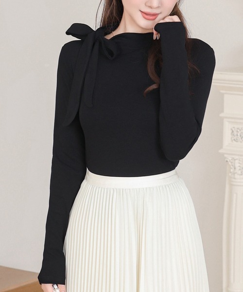 Anely(アネリー)の「オフネック リボン リブ 長袖 カット トップス(Tシャツ/カットソー・レディース・ブラック/グレー・FREE)」の5枚目の写真