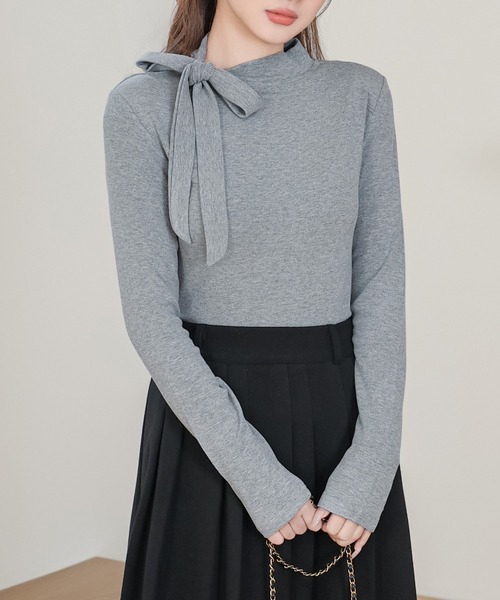 Anely(アネリー)の「オフネック リボン リブ 長袖 カット トップス(Tシャツ/カットソー・レディース・ブラック/グレー・FREE)」の9枚目の写真