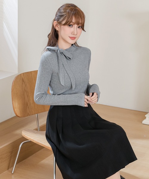 Anely(アネリー)の「オフネック リボン リブ 長袖 カット トップス(Tシャツ/カットソー・レディース・ブラック/グレー・FREE)」の11枚目の写真