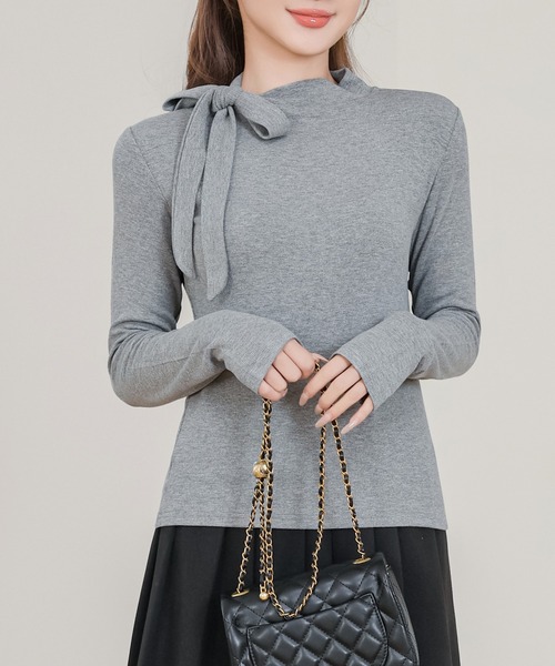 Anely(アネリー)の「オフネック リボン リブ 長袖 カット トップス(Tシャツ/カットソー・レディース・ブラック/グレー・FREE)」の12枚目の写真