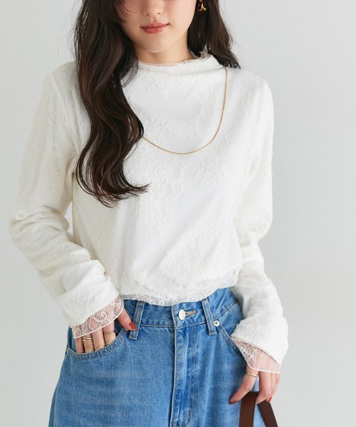 Pierrot(ピエロ)の「【起毛裏地付き】選べる柄チュールハイネックカットソー(Tシャツ/カットソー・レディース・シルバーグレー/ホワイト系その他/アイボリー/ブラック系その他2・L/M)」の6枚目の写真