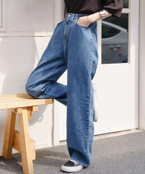 BBAEBBAE(ペッペ)の「バンディングロングワイドデニムパンツ(デニムパンツ・レディース・ブルー・SMALL/LARGE/X-LARGE/XX-LARGE)」の3枚目の写真