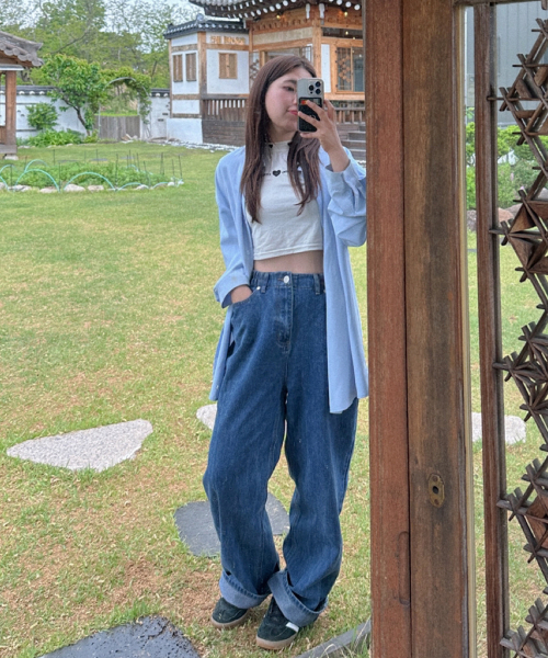 BBAEBBAE(ペッペ)の「バンディングロングワイドデニムパンツ(デニムパンツ・レディース・ブルー・SMALL/LARGE/X-LARGE/XX-LARGE)」の5枚目の写真
