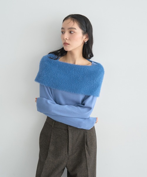 YECCA VECCA(イェッカヴェッカ)の「ファーMIXオフショルニット(ニット/セーター・レディース・ベージュ/ネイビー/ブルー・FREE)」の13枚目の写真