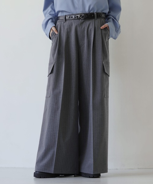 SOCCE（ソーシー）の「ウールライクピンストライプ2タックセンタープレスリベットカーゴスラックス【セットアップ対応】（スラックス・メンズ・グレー系/ブラック系・S/M/L/XL）」の16枚目の写真