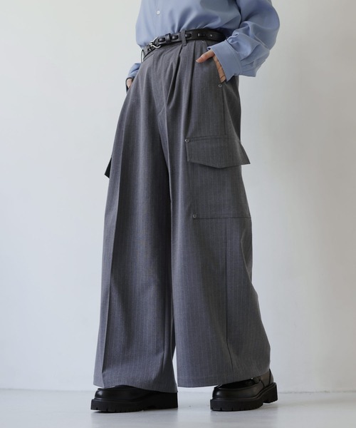 SOCCE（ソーシー）の「ウールライクピンストライプ2タックセンタープレスリベットカーゴスラックス【セットアップ対応】（スラックス・メンズ・グレー系/ブラック系・S/M/L/XL）」の15枚目の写真