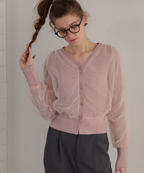 BONLECILL noir（ボンルシールノワール）の「【BONLECILL noir】ギャザーチュールレイヤードリブニットカーディガン（カーディガン/ボレロ・レディース・アイボリー/ブラック/チャコールグレー/ピンクベージュ・FREE）」の4枚目の写真