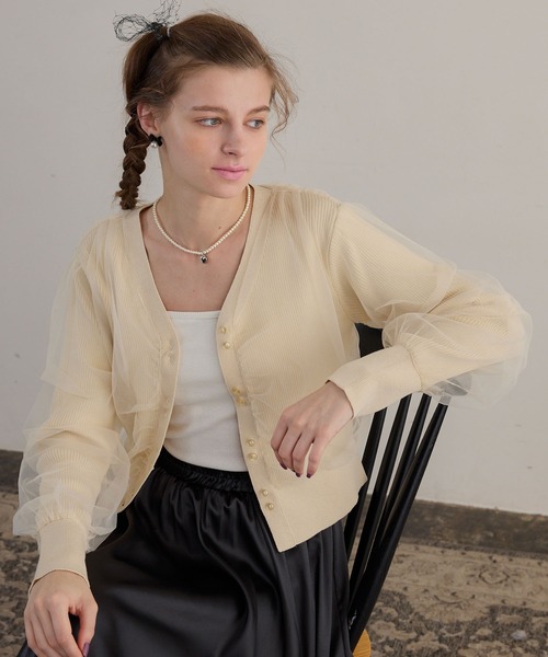 BONLECILL noir（ボンルシールノワール）の「【BONLECILL noir】ギャザーチュールレイヤードリブニットカーディガン（カーディガン/ボレロ・レディース・アイボリー/ブラック/チャコールグレー/ピンクベージュ・FREE）」の22枚目の写真