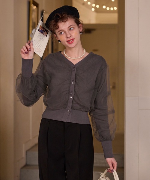 BONLECILL noir（ボンルシールノワール）の「【BONLECILL noir】ギャザーチュールレイヤードリブニットカーディガン（カーディガン/ボレロ・レディース・アイボリー/ブラック/チャコールグレー/ピンクベージュ・FREE）」の5枚目の写真