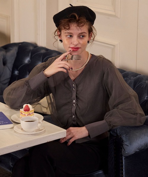 BONLECILL noir（ボンルシールノワール）の「【BONLECILL noir】ギャザーチュールレイヤードリブニットカーディガン（カーディガン/ボレロ・レディース・アイボリー/ブラック/チャコールグレー/ピンクベージュ・FREE）」の6枚目の写真