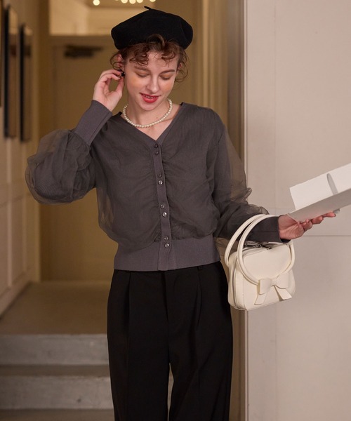 BONLECILL noir（ボンルシールノワール）の「【BONLECILL noir】ギャザーチュールレイヤードリブニットカーディガン（カーディガン/ボレロ・レディース・アイボリー/ブラック/チャコールグレー/ピンクベージュ・FREE）」の7枚目の写真