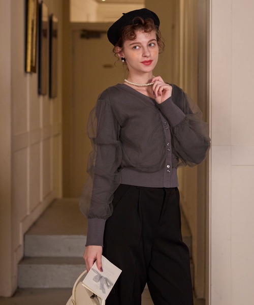 BONLECILL noir（ボンルシールノワール）の「【BONLECILL noir】ギャザーチュールレイヤードリブニットカーディガン（カーディガン/ボレロ・レディース・アイボリー/ブラック/チャコールグレー/ピンクベージュ・FREE）」の8枚目の写真