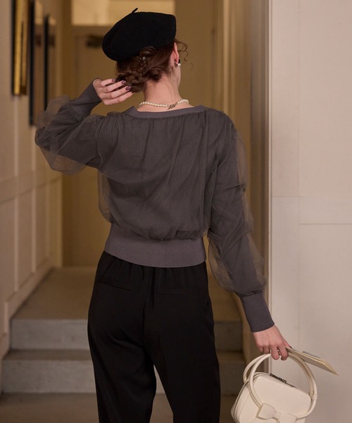 BONLECILL noir（ボンルシールノワール）の「【BONLECILL noir】ギャザーチュールレイヤードリブニットカーディガン（カーディガン/ボレロ・レディース・アイボリー/ブラック/チャコールグレー/ピンクベージュ・FREE）」の9枚目の写真