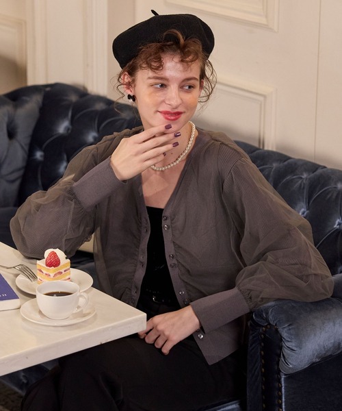 BONLECILL noir（ボンルシールノワール）の「【BONLECILL noir】ギャザーチュールレイヤードリブニットカーディガン（カーディガン/ボレロ・レディース・アイボリー/ブラック/チャコールグレー/ピンクベージュ・FREE）」の10枚目の写真