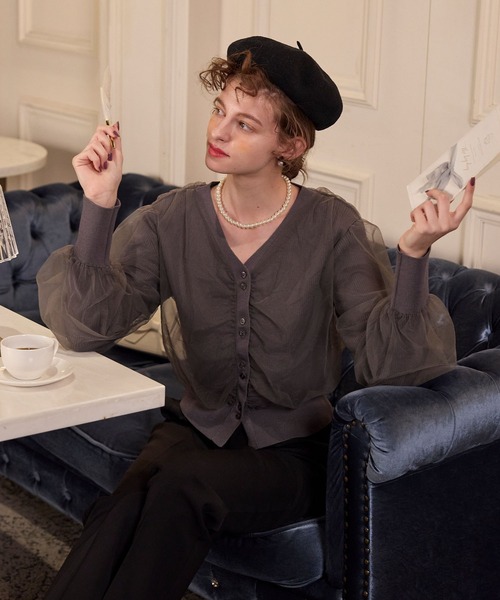 BONLECILL noir（ボンルシールノワール）の「【BONLECILL noir】ギャザーチュールレイヤードリブニットカーディガン（カーディガン/ボレロ・レディース・アイボリー/ブラック/チャコールグレー/ピンクベージュ・FREE）」の11枚目の写真