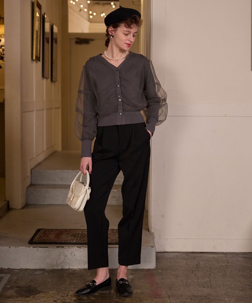 BONLECILL noir（ボンルシールノワール）の「【BONLECILL noir】ギャザーチュールレイヤードリブニットカーディガン（カーディガン/ボレロ・レディース・アイボリー/ブラック/チャコールグレー/ピンクベージュ・FREE）」の12枚目の写真