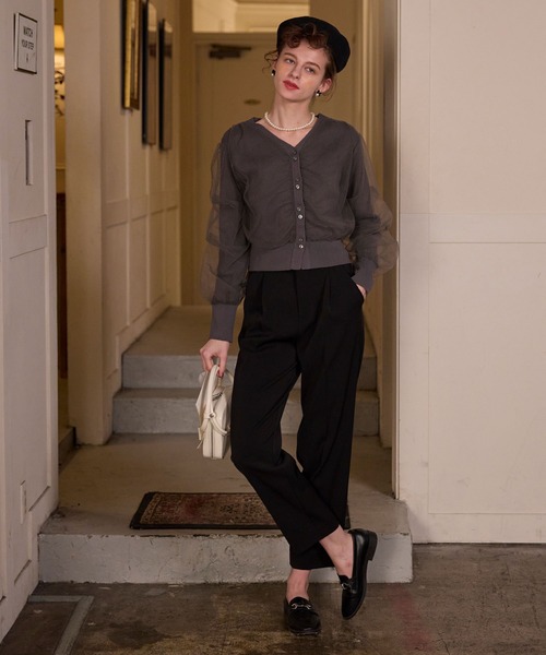 BONLECILL noir（ボンルシールノワール）の「【BONLECILL noir】ギャザーチュールレイヤードリブニットカーディガン（カーディガン/ボレロ・レディース・アイボリー/ブラック/チャコールグレー/ピンクベージュ・FREE）」の13枚目の写真