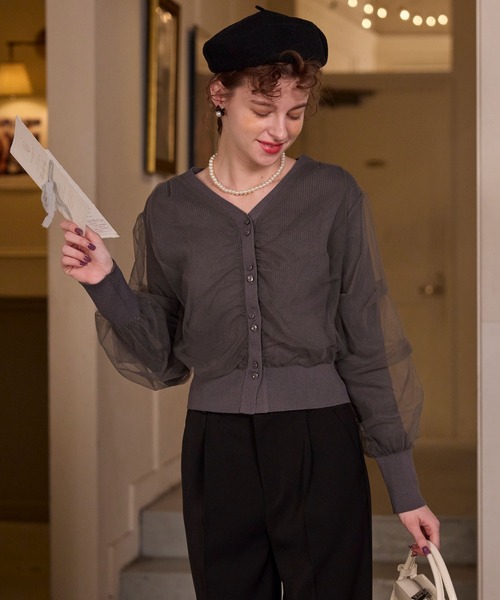 BONLECILL noir（ボンルシールノワール）の「【BONLECILL noir】ギャザーチュールレイヤードリブニットカーディガン（カーディガン/ボレロ・レディース・アイボリー/ブラック/チャコールグレー/ピンクベージュ・FREE）」の15枚目の写真