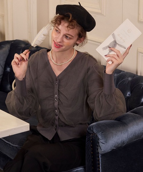 BONLECILL noir（ボンルシールノワール）の「【BONLECILL noir】ギャザーチュールレイヤードリブニットカーディガン（カーディガン/ボレロ・レディース・アイボリー/ブラック/チャコールグレー/ピンクベージュ・FREE）」の16枚目の写真