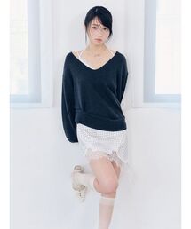 カシミヤブレンドニットセットサテンミニワンピース