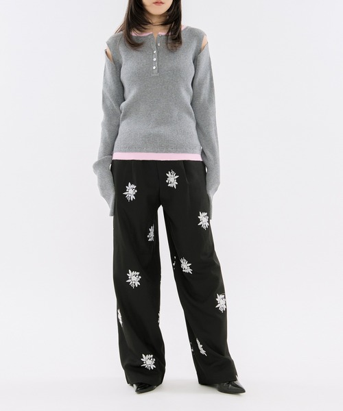 Embroidery straight pants ハイウエスト刺繍パンツ【ベルト付