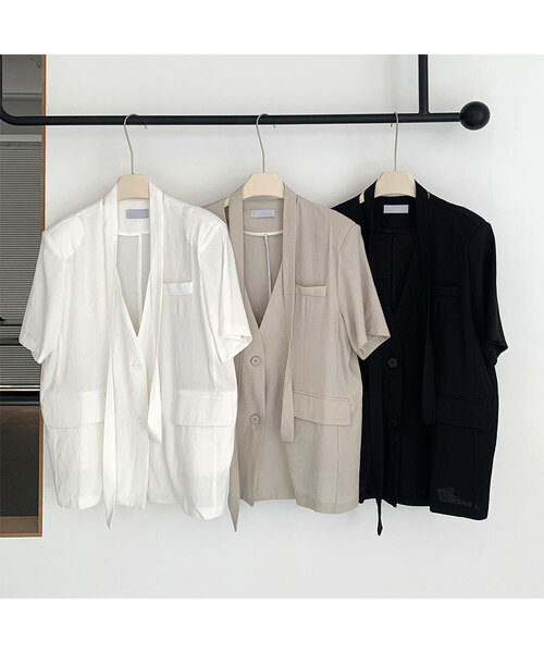 VASCARA（バスカラ）の「Collarless Linen Single Short-Sleeve Jacket (3colors)（その他アウター・レディース・ベージュ/ホワイト/ブラック・FREE）」の3枚目の写真