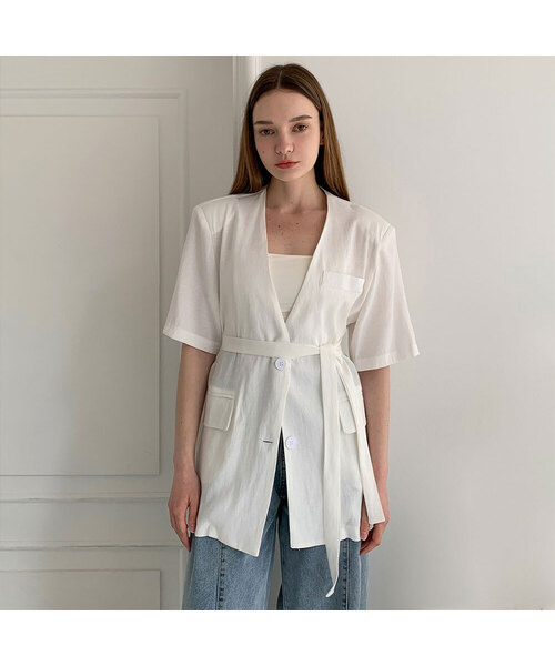VASCARA（バスカラ）の「Collarless Linen Single Short-Sleeve Jacket (3colors)（その他アウター・レディース・ベージュ/ホワイト/ブラック・FREE）」の2枚目の写真