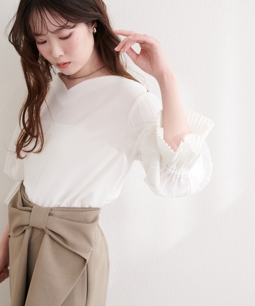 natural couture（ナチュラルクチュール）の「袖口プリーツチュール袖ブラウス（シャツ/ブラウス・レディース・ブラック/サックスブルー/ネイビー/ピンク/オフホワイト・FREE）」の7枚目の写真