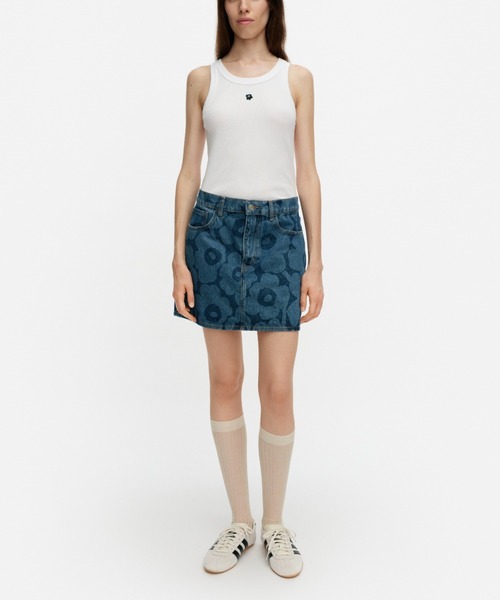 marimekko(マリメッコ)の「【オンラインストア限定】【Maridenim】 Ruudut Unikko / Skirt(スカート・レディース・ネイビー・34/36/38/40/42)」の1枚目の写真