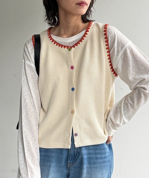 CPCM(シーピーシーエム)の「カラーボタンステッチニットベスト(Tシャツ/カットソー・レディース・ネイビー/グレー/アイボリー・FREE)」の2枚目の写真