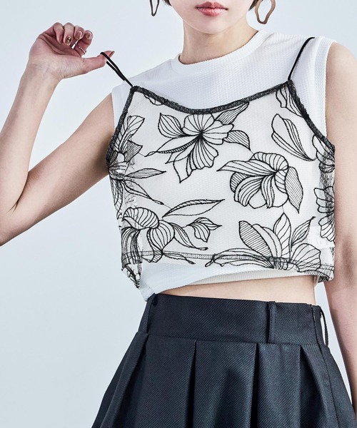 Fashion Letter(ファッションレター)の「花柄チュールビスチェ(キャミソール・レディース・ブラック/アイボリー・M)」の1枚目の写真