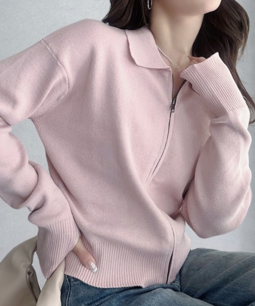 umune（ウムネ）の「ニットカーディガン 襟付き ダブルジップ ポロカーデ 長袖 スムースニット リブ ショート丈 トレンド カジュアル トップス 秋冬（カーディガン/ボレロ・レディース・ベージュ/ベビーピンク/グレー・FREE）」の4枚目の写真