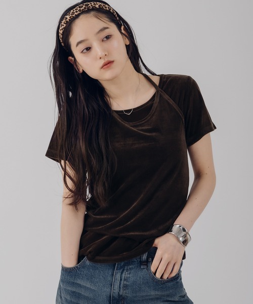 MUHET(ミュエータ)の「【set item】velours halter neck camisole & t-shirt / ベロアホルターネックキャミソールTシャツ(Tシャツ/カットソー・レディース・ホワイト/ブラウン/ピンク/ネイビー・FREE)」の3枚目の写真