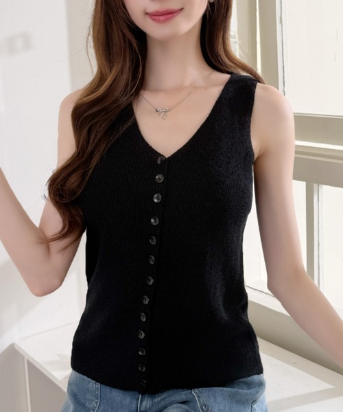 Ada.(エイダ)の「フロント 多ボタン Vネック サマー ニット トップス◎(ニット/セーター・レディース・マスタード/ホワイト/グレー/ブラック・FREE)」の2枚目の写真