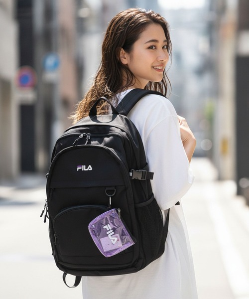 FILA(フィラ)の「【FILA/フィラ】【大容量29L A4サイズ対応】クリアポーチ付きバックパック 通勤・通学 PCポケット 部活 韓国ファッション ストリート(バックパック/リュック・メンズ・ブラック/パープル・FREE)」の2枚目の写真