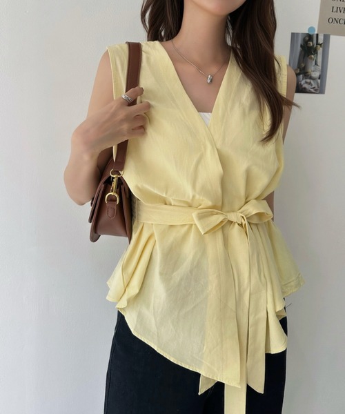 Eclat one(エクラワン)の「美人見えシルエット。ウエストリボン付カシュクールペプラムブラウス(シャツ/ブラウス・レディース・イエロー/ホワイト/ライトブルー・FREE)」の18枚目の写真