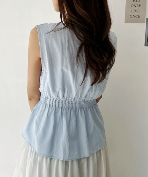 Eclat one(エクラワン)の「美人見えシルエット。ウエストリボン付カシュクールペプラムブラウス(シャツ/ブラウス・レディース・イエロー/ホワイト/ライトブルー・FREE)」の12枚目の写真