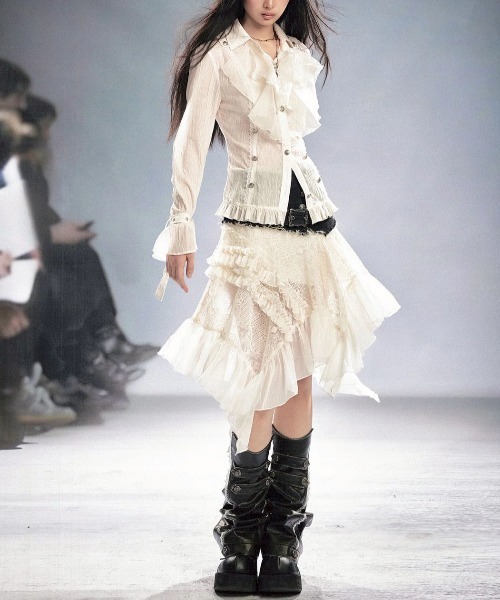 Cest Nous（セヌー）の「【Cest Nous】Lace Midi Skirt / 【セヌー】ウエストベルトアシンメトリーレースミディスカート（スカート・レディース・ホワイト/ブラック・S/M）」の12枚目の写真